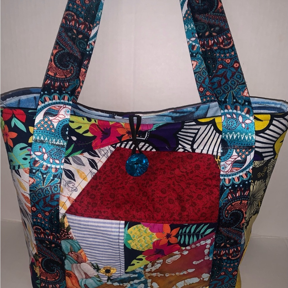 Fabric Patchwork tote flowers 13"x12x5" Button Loop Closure